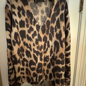 360 Cashmere Leopard V-Neck Sweater - Brown and Black